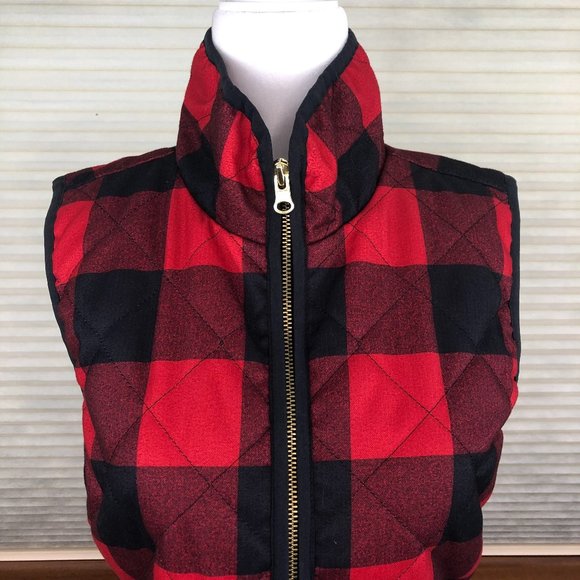 Old Navy Red & Black Buffalo Plaid Quilted Cozy Classic Zip Front Vest Cabincore - Picture 5 of 12